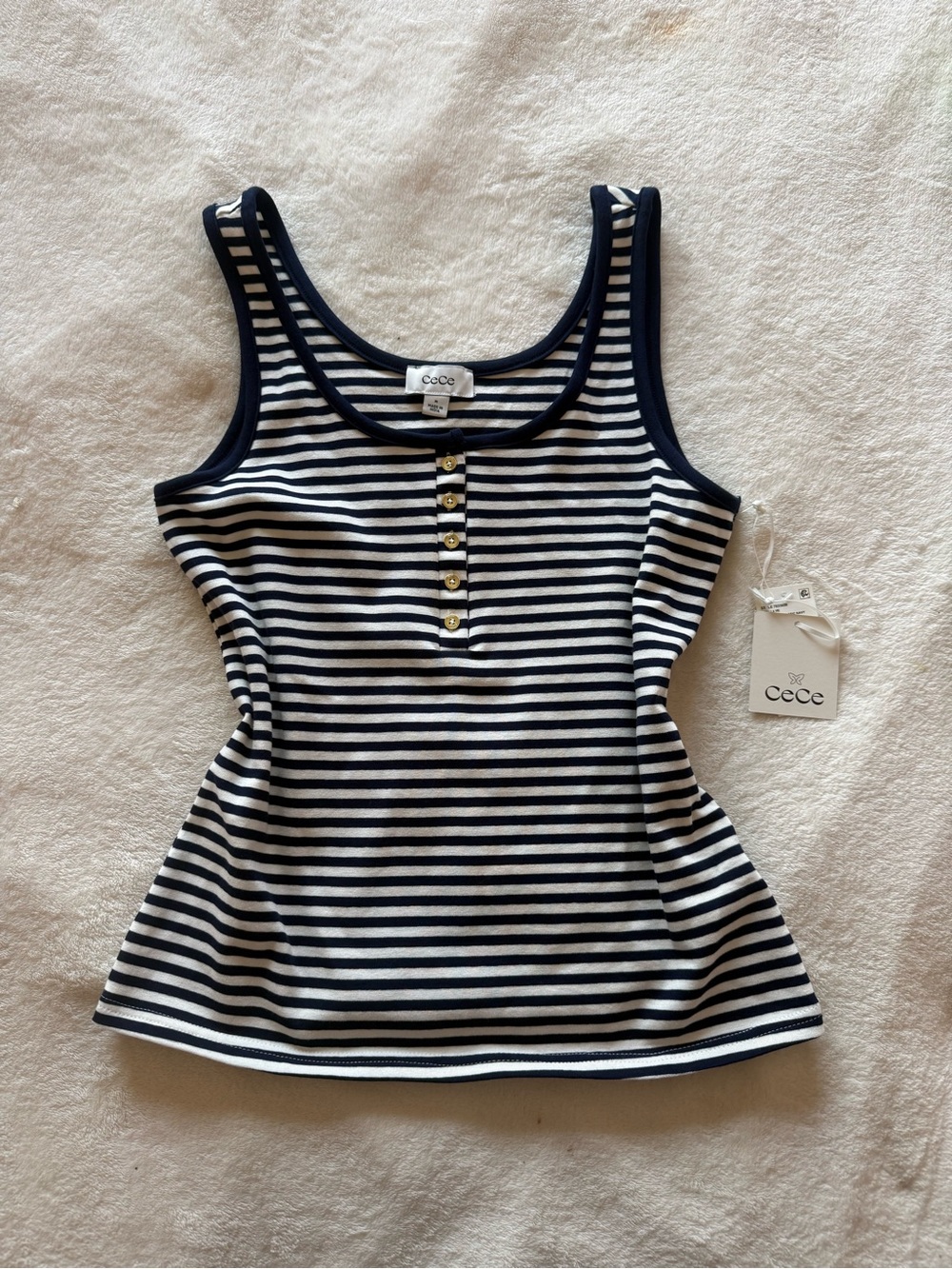 CeCe Navy & White Striped Scoop Neck Tank with Front Buttons
